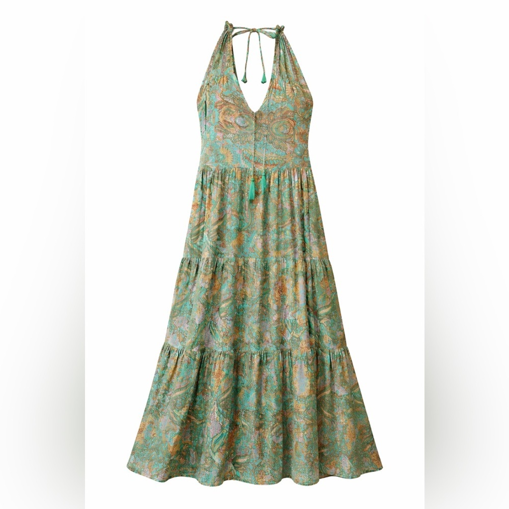 Green Paisley Halter Maxi Dress with Tiered Skirt